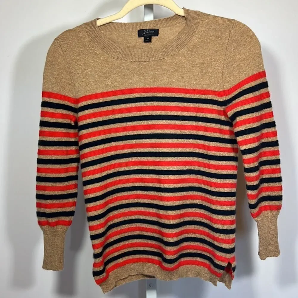 J. CREW Women’s Striped Crew Neck Cashmere Sweater Tan/Red/Blue Extra Small